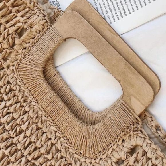 Vacation Vibes khaki straw bag wood handle tote Boho beach - Picture 4 of 8